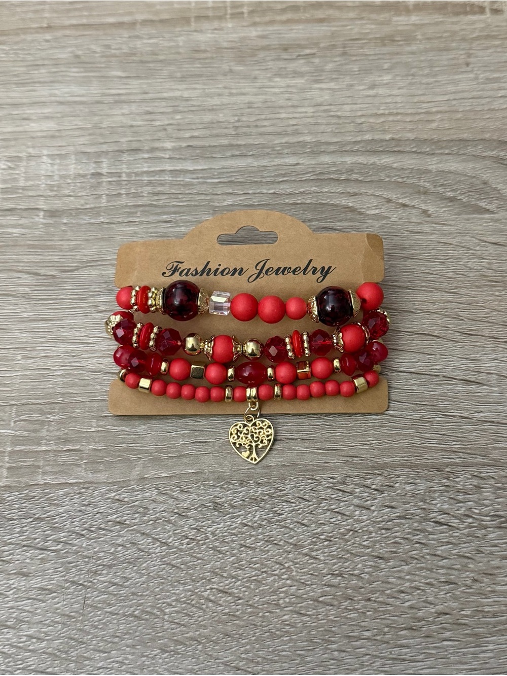 Red & Gold Beaded Bracelet Stack with Tree of Life Heart Charm NWT